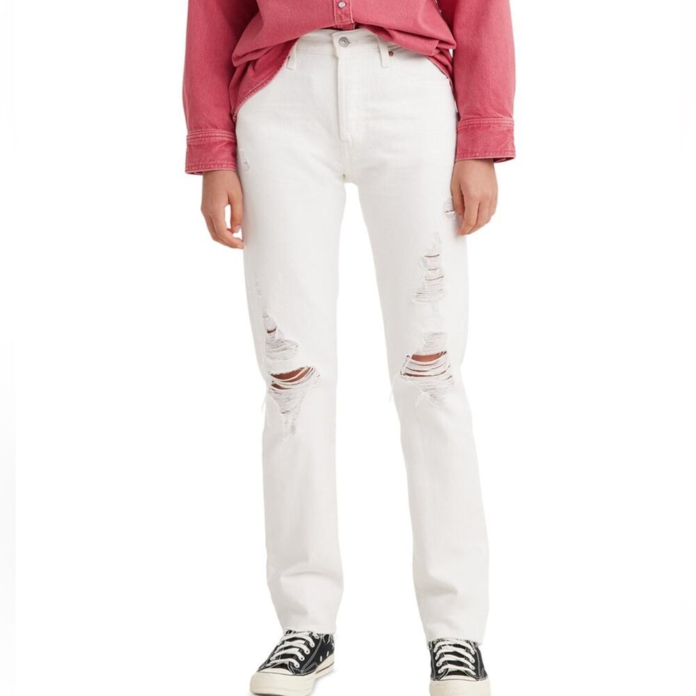 NEW Levi’s 501 Jeans Womens Original Fit Straight Leg Distressed White Size 28/6